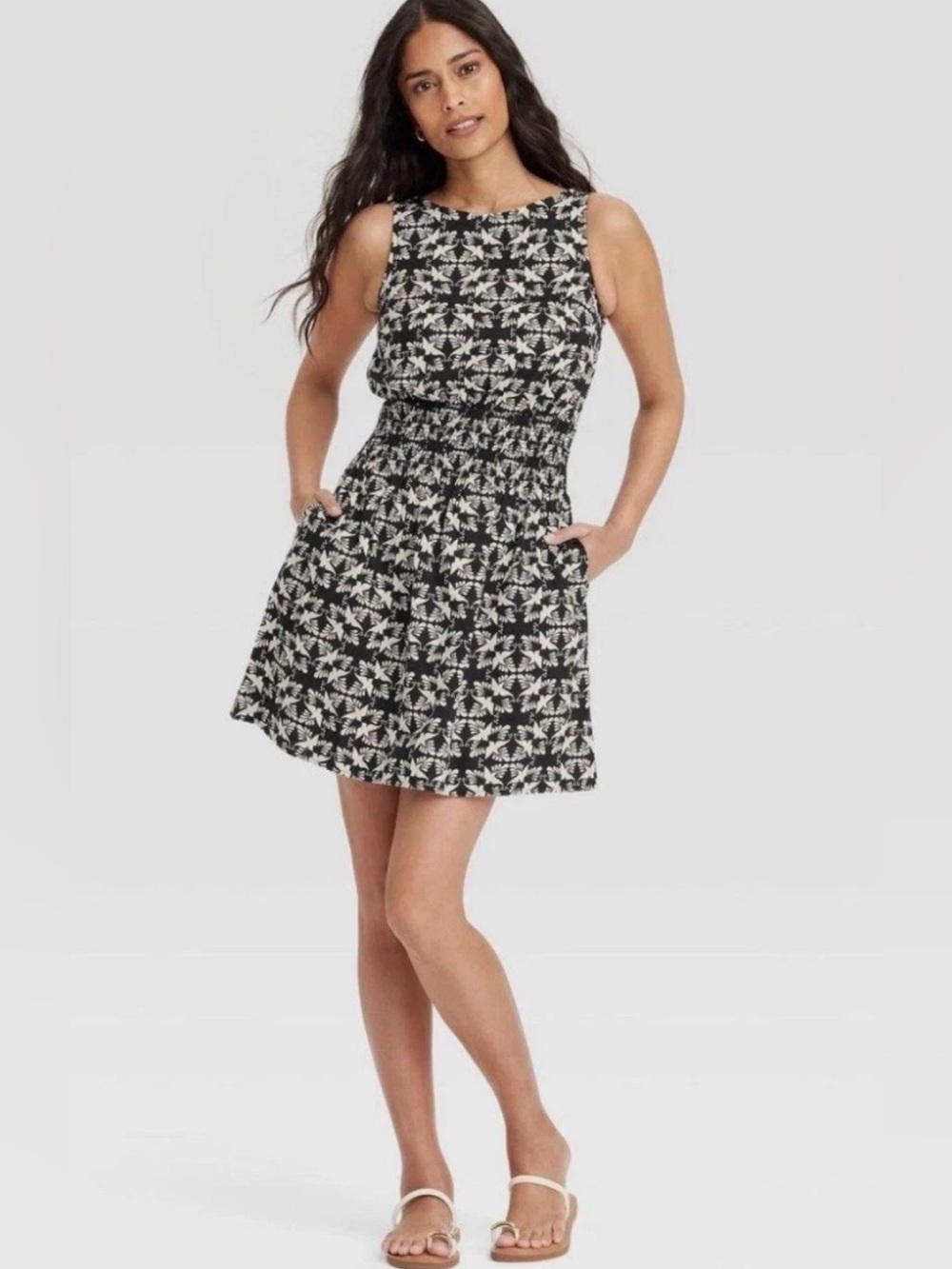 Universal Thread Linen Mini Sundress Black Ikat Floral Smocked Mini Dress, XL
